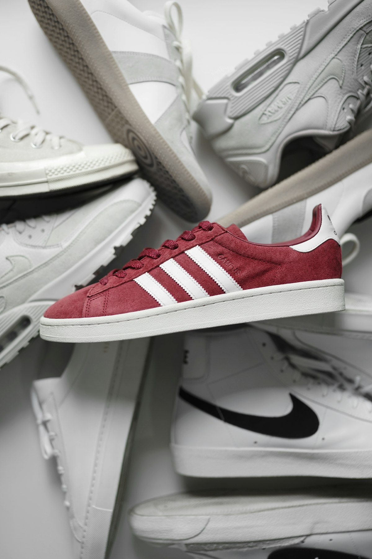 adidas Campus in burgundy suede with cloud white stripes